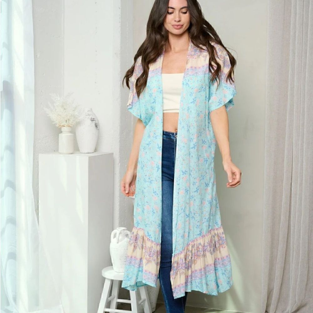 Boho Ruffled Floral Kimono Cardigan Beach Cover Short Sleeve Festival Vacation